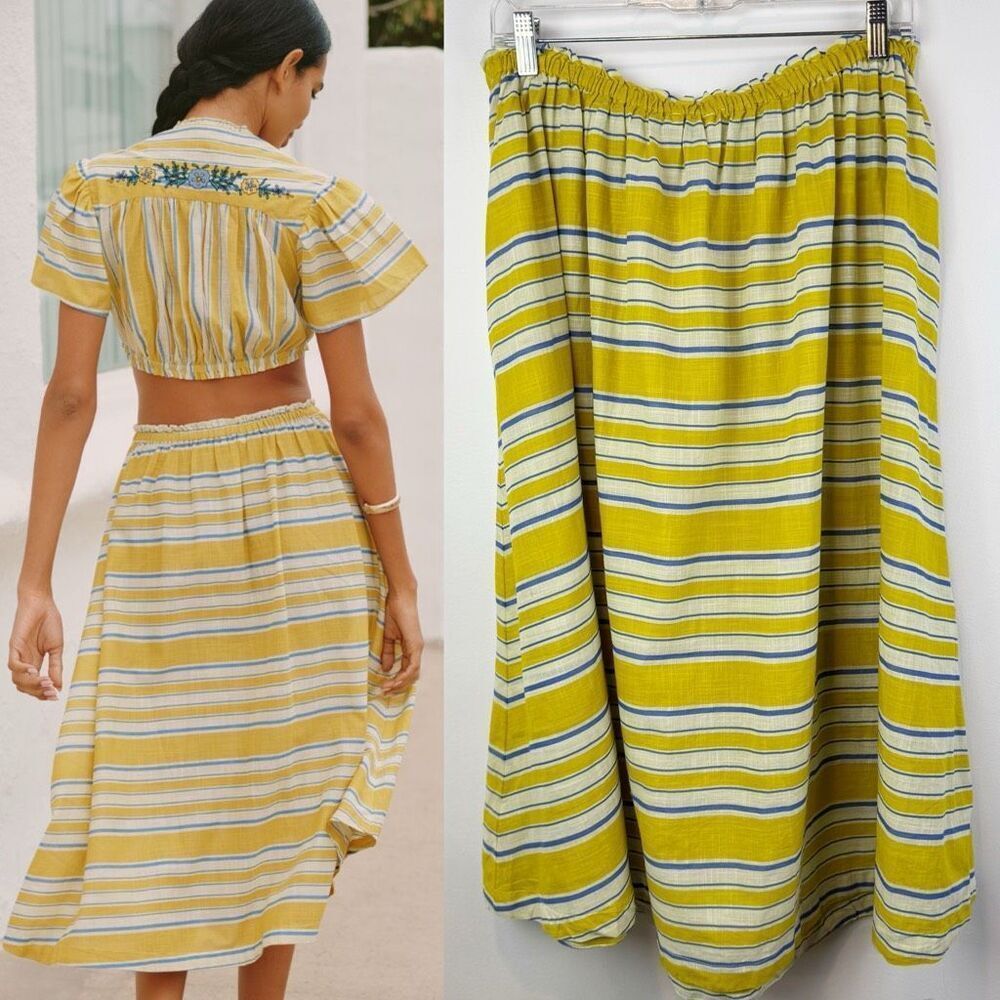 Celandine Sz L Copacabana Midi Skirt Rio Sunshine Stripe Parrot Anthropologie - Picture 5 of 7